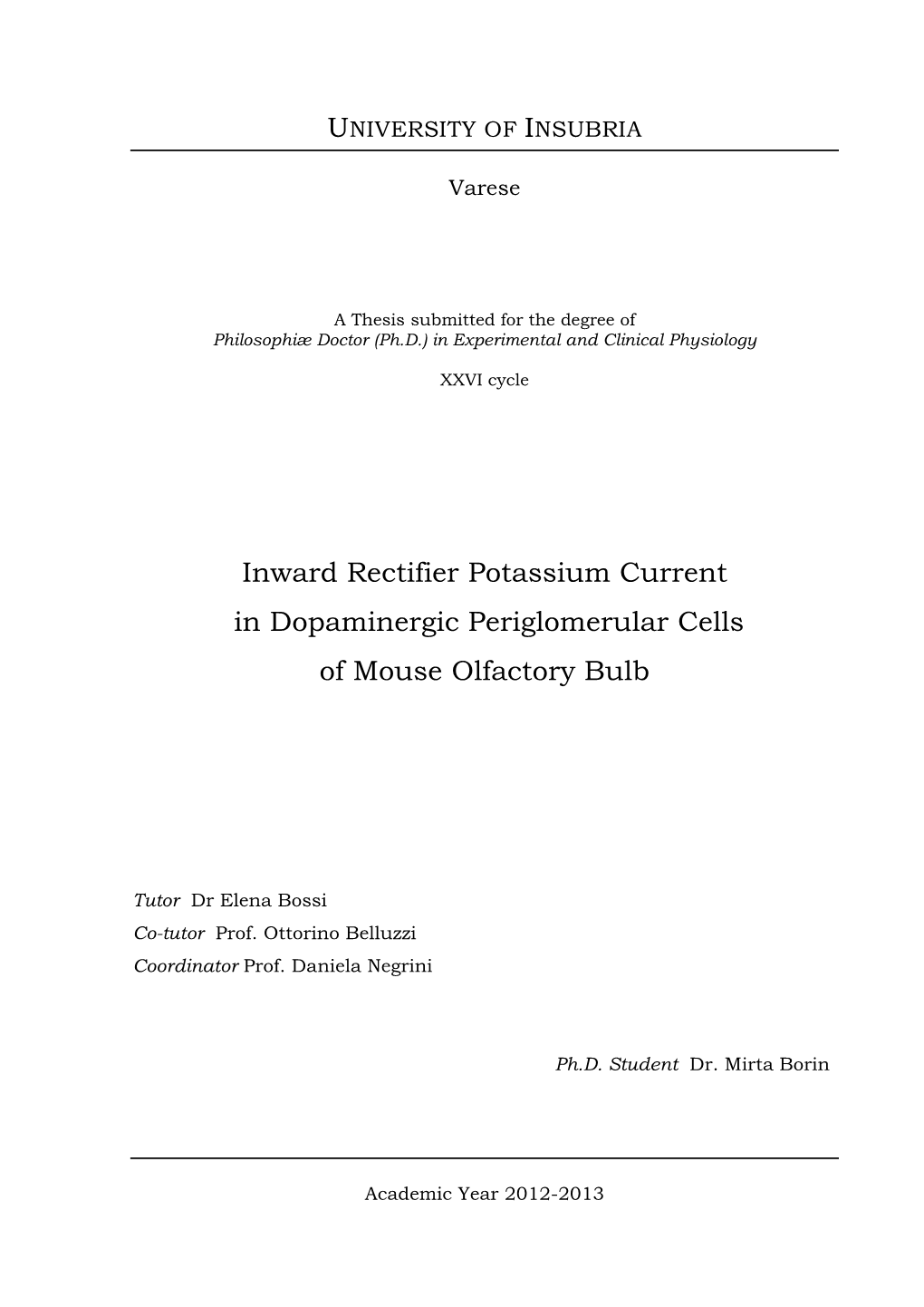 Inward Rectifier Potassium Current in Dopaminergic Periglomerular Cells of Mouse Olfactory Bulb