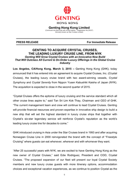 Genting to Acquire Crystal Cruises, the Leading Luxury