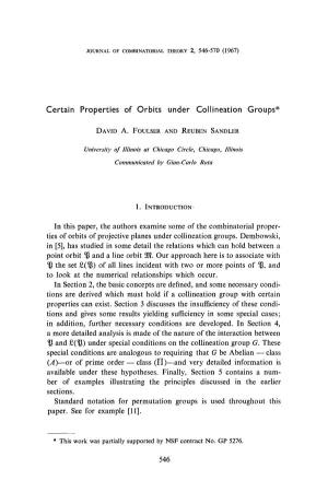 Certain Properties of Orbits Under Collineation Groups*