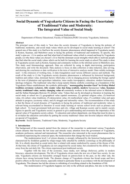 Social Dynamic of Yogyakarta Citizens in Facing the Uncertainty of Traditional Value and Modernity: the Integrated Value of Social Study