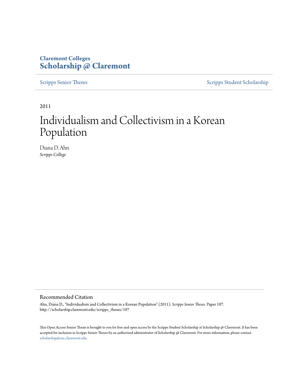 Individualism and Collectivism in a Korean Population Diana D