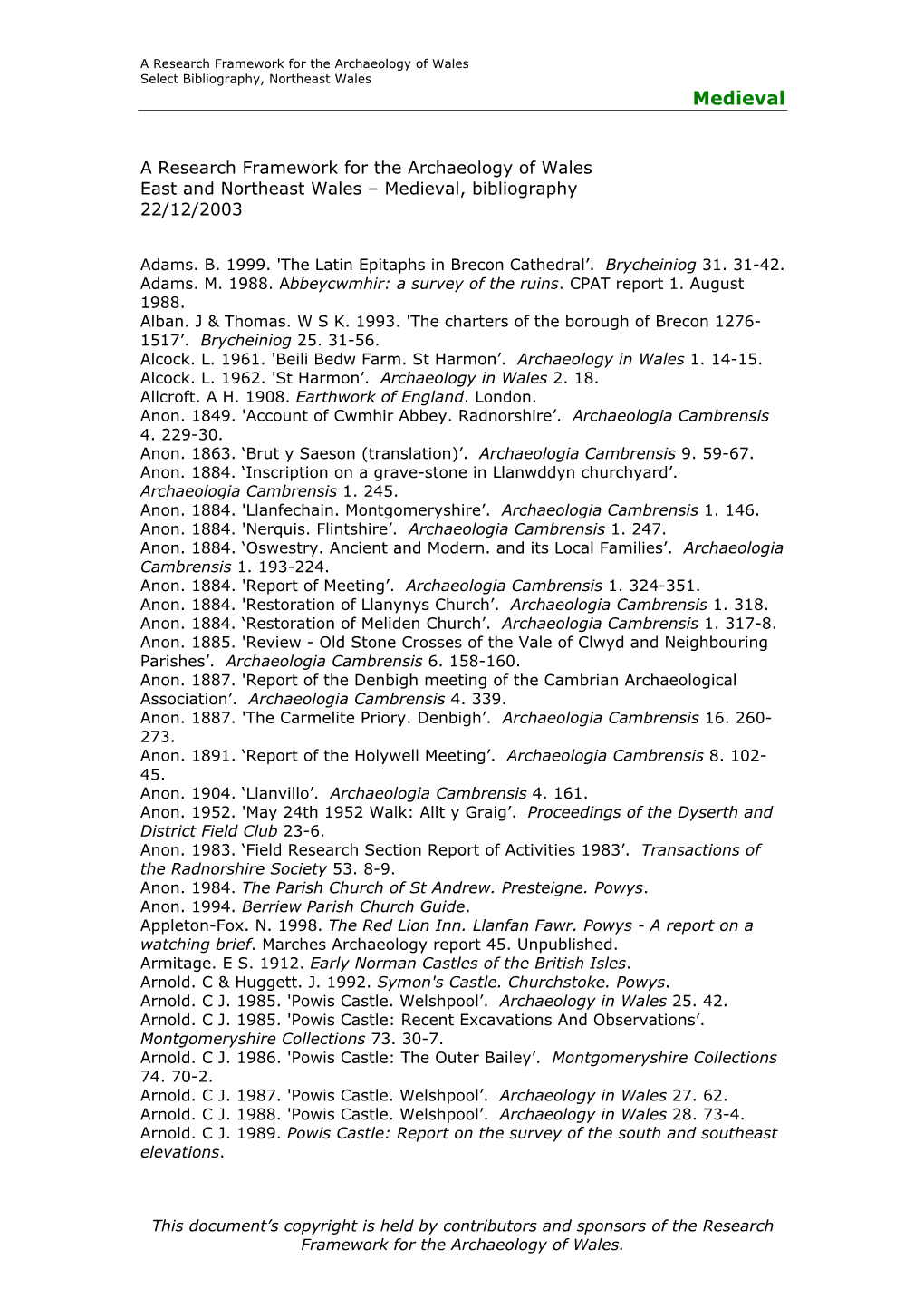 Medieval, Bibliography 22/12/2003