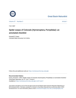 Spider Wasps of Colorado (Hymenoptera, Pompilidae): an Annotated Checklist
