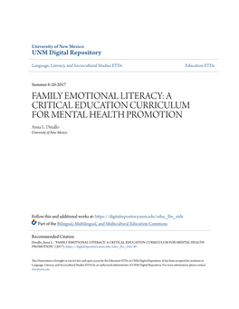 FAMILY EMOTIONAL LITERACY: a CRITICAL EDUCATION CURRICULUM for MENTAL HEALTH PROMOTION Anna L