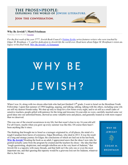 Why Be Jewish? | Matti Friedman Wednesday, October 05, 2016| Permalink