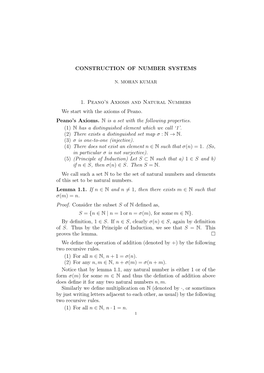 CONSTRUCTION of NUMBER SYSTEMS 1. Peano's Axioms And