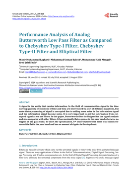 Performance Analysis of Analog Butterworth Low Pass Filter As Compared to Chebyshev Type-I Filter, Chebyshev Type-II Filter and Elliptical Filter