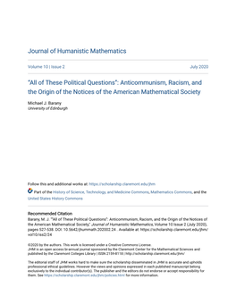 “All of These Political Questions”: Anticommunism, Racism, and the Origin of the Notices of the American Mathematical Society