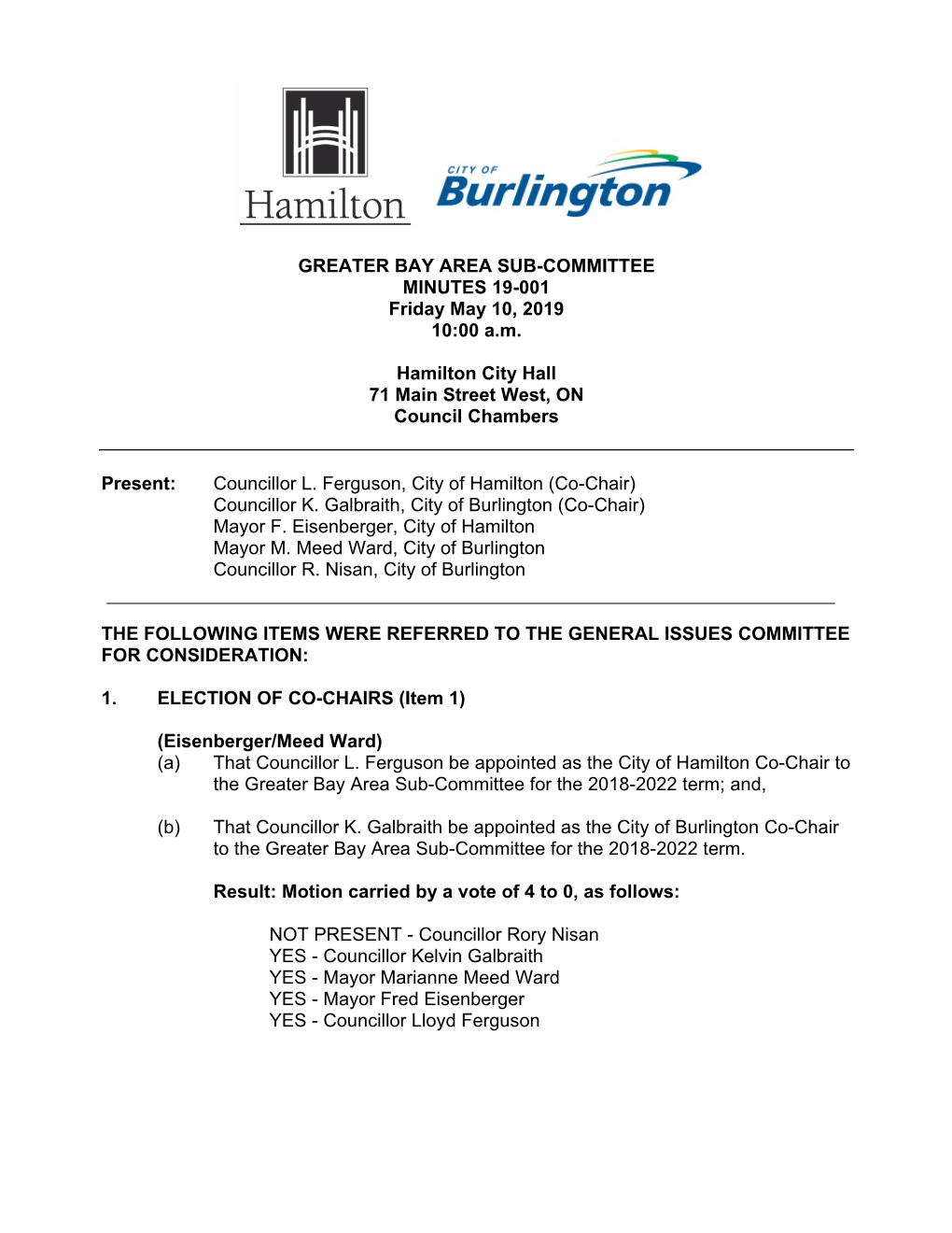GREATER BAY AREA SUB-COMMITTEE MINUTES 19-001 Friday May 10, 2019 10:00 A.M