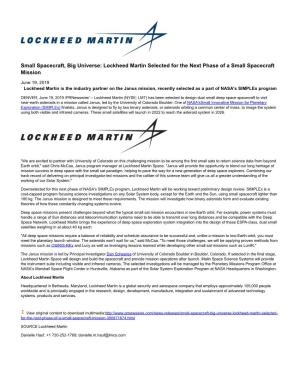 Lockheed Martin Selected for the Next Phase of a Small Spacecraft Mission