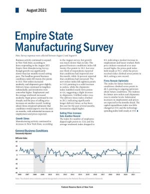Empire State Manufacturing Survey Note: Survey Responses Were Collected Between August 2 and August 9