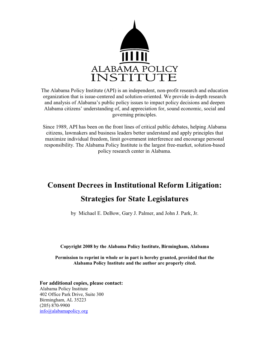 Consent Decrees in Institutional Reform Litigation: Strategies for State Legislatures