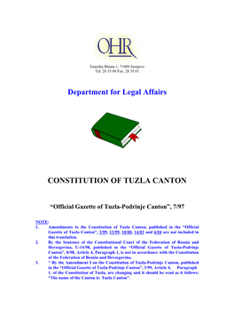 Department for Legal Affairs CONSTITUTION of TUZLA CANTON