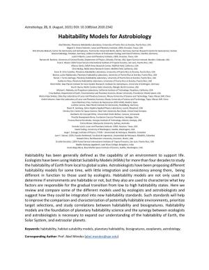 Habitability Models for Astrobiology