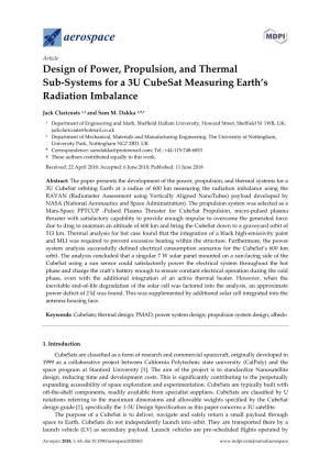 Design of Power, Propulsion, and Thermal Sub-Systems for a 3U Cubesat Measuring Earth’S Radiation Imbalance