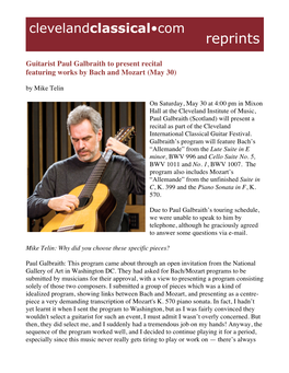 Guitarist Paul Galbraith to Present Recital Featuring Works by Bach and Mozart (May 30) by Mike Telin