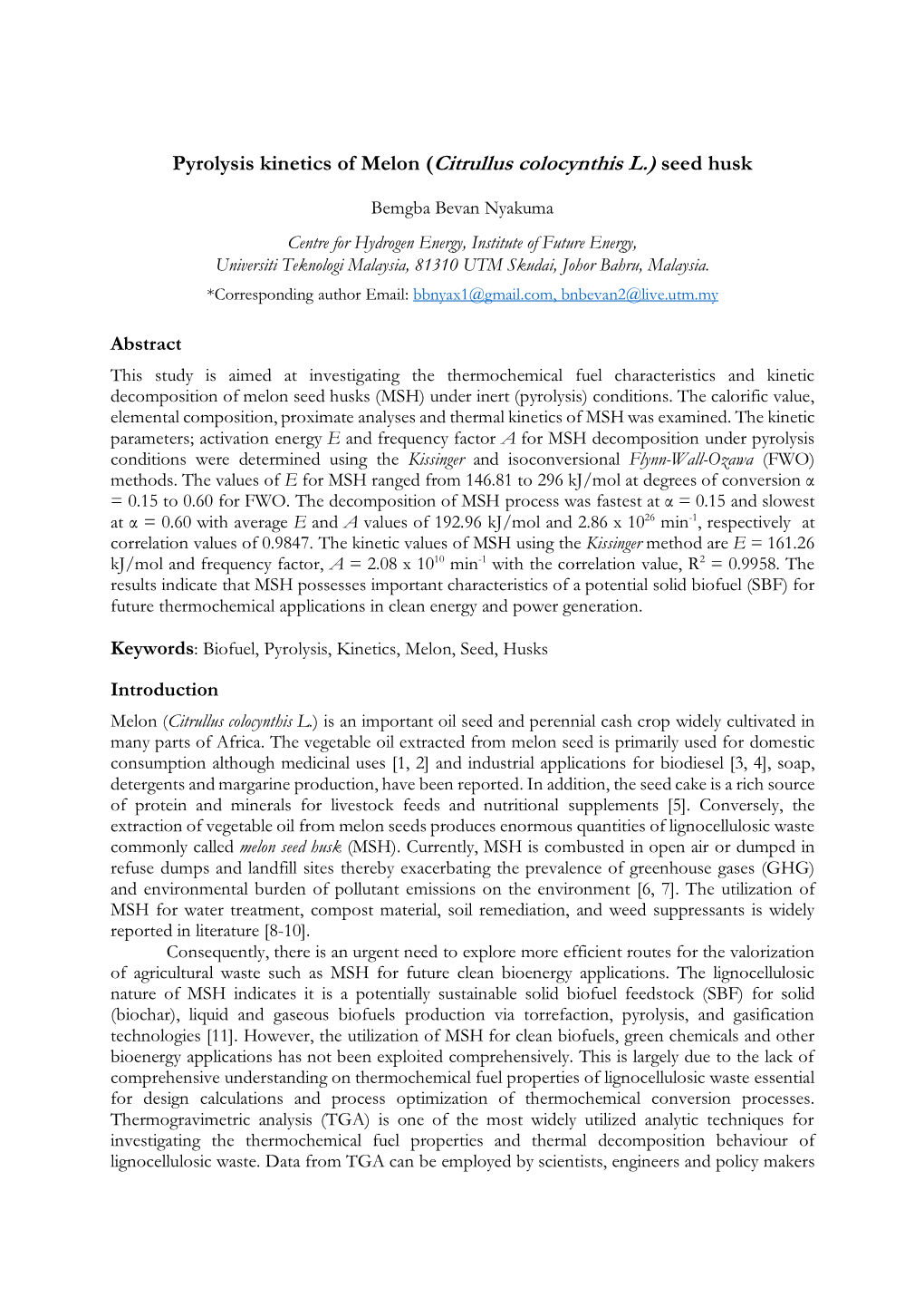 Pyrolysis Kinetics of Melon (Citrullus Colocynthis L.) Seed Husk