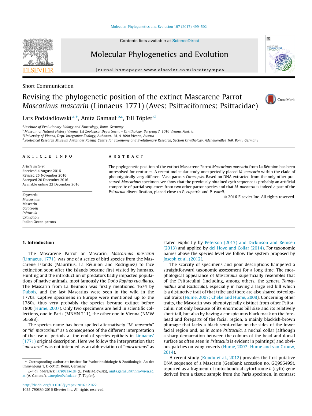 Revising the Phylogenetic Position of the Extinct Mascarene Parrot