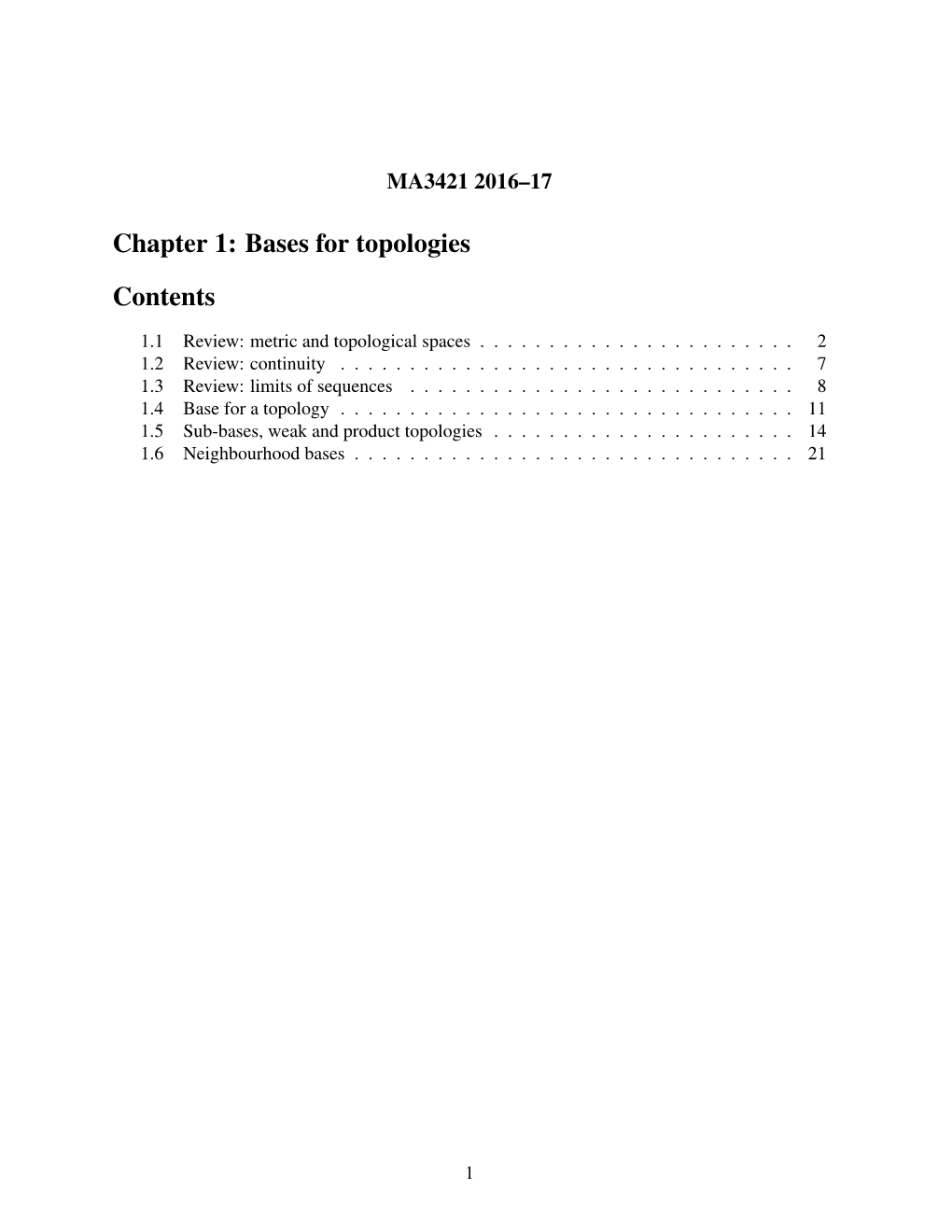 Chapter 1: Bases for Topologies Contents