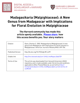 Malpighiaceae): a New Genus from Madagascar with Implications for Floral Evolution in Malpighiaceae