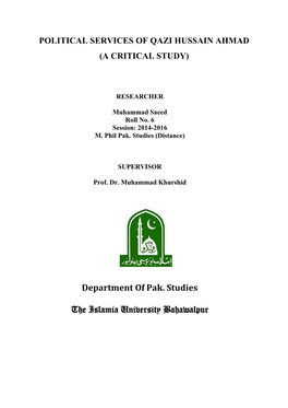 Political Services of Qazi Hussain Ahmad (A Critical Study)