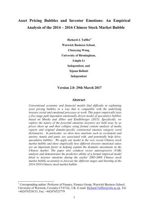 Asset Pricing Bubbles and Investor Emotions: an Empirical Analysis of the 2014 – 2016 Chinese Stock Market Bubble