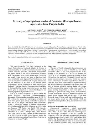 Diversity of Coprophilous Species of Panaeolus (Psathyrellaceae, Agaricales) from Punjab, India