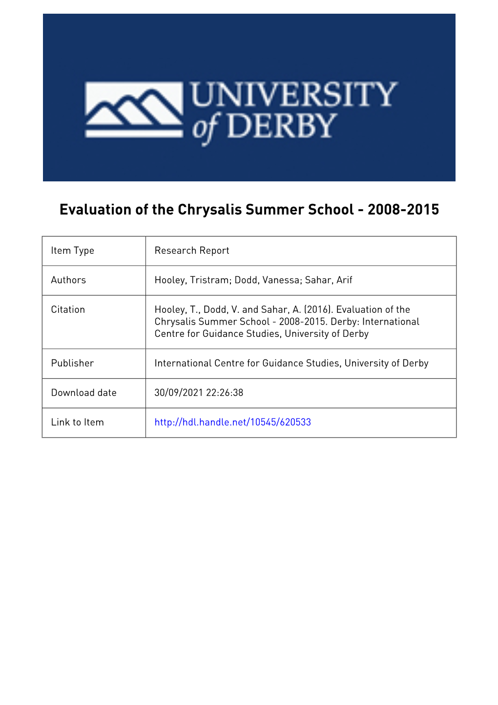Evaluation of the Chrysalis Summer School – 2008 to 2015