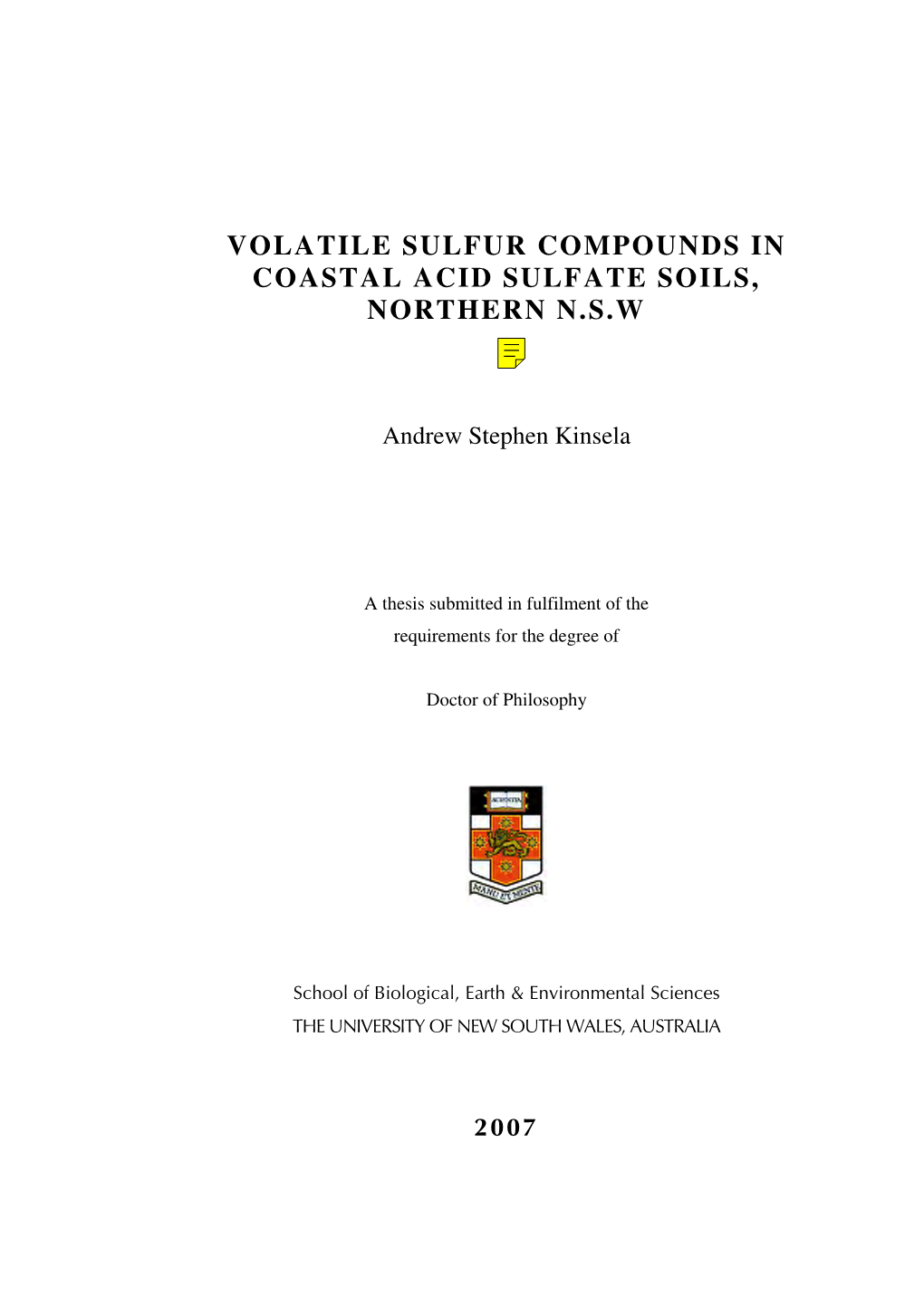 Volatile Sulfur Compounds in Coastal Acid Sulfate Soils, Northern N.S.W