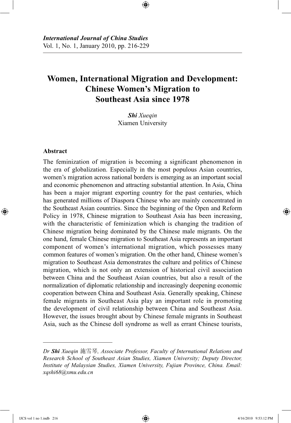 Chinese Women's Migration to Southeast Asia Since 1978