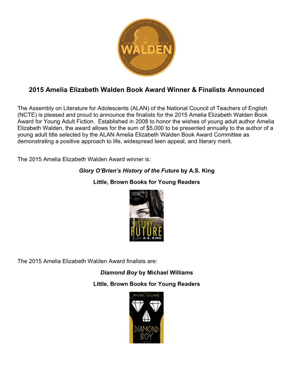 2015 Amelia Elizabeth Walden Book Award Winner & Finalists Announced