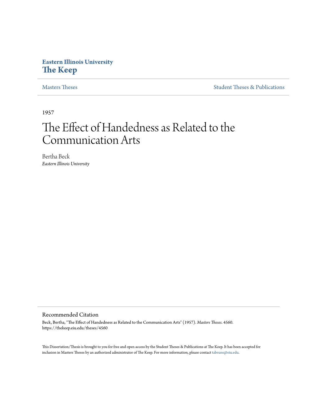 The Effect of Handedness As Related to the Communication Arts" (1957)