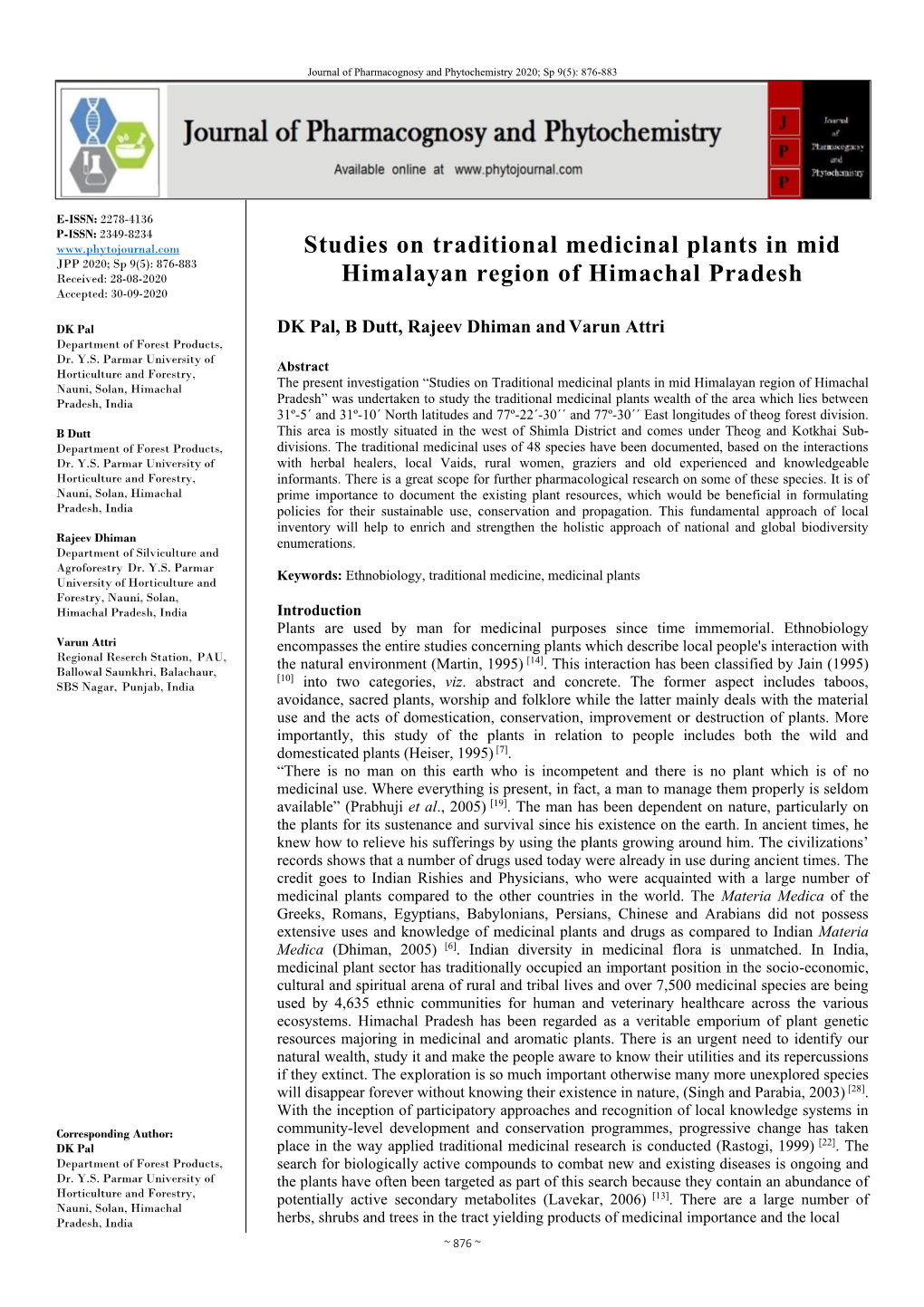 Studies on Traditional Medicinal Plants in Mid Himalayan Region Of
