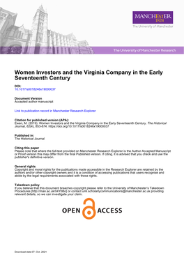Women Investors and the Virginia Company in the Early Seventeenth Century