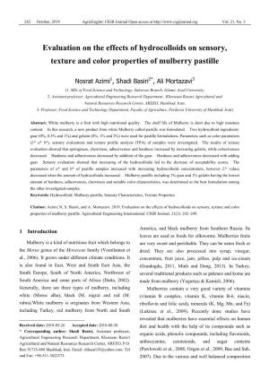 Evaluation on the Effects of Hydrocolloids on Sensory, Texture and Color Properties of Mulberry Pastille