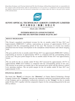 SUNNY OPTICAL TECHNOLOGY (GROUP) COMPANY LIMITED 舜宇光學科技（集團）有限公司 (Incorporated in the Cayman Islands with Limited Liability) (Stock Code: 2382.HK)