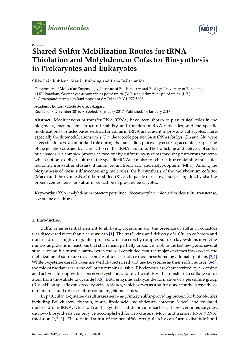 Shared Sulfur Mobilization Routes for Trna Thiolation and Molybdenum Cofactor Biosynthesis in Prokaryotes and Eukaryotes