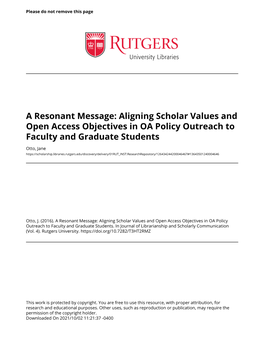 A Resonant Message: Aligning Scholar Values and Open Access Objectives in OA Policy Outreach to Faculty and Graduate Students