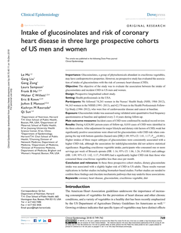 Intake of Glucosinolates and Risk of Coronary Heart Disease in Three Large Prospective Cohorts of US Men and Women
