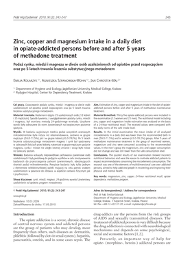 Zinc, Copper and Magnesium Intake in a Daily Diet in Opiate‑Addicted Persons Before and After 5 Years of Methadone Treatment