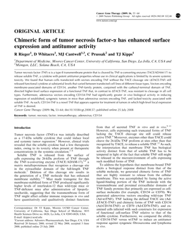 Chimeric Form of Tumor Necrosis Factor-A Has Enhanced Surface