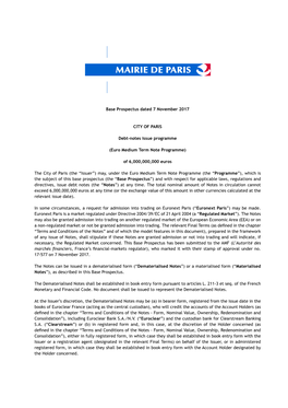 Base Prospectus Dated 7 November 2017 CITY of PARIS Debt-Notes