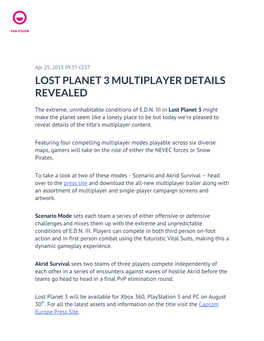 Lost Planet 3 Multiplayer Details Revealed