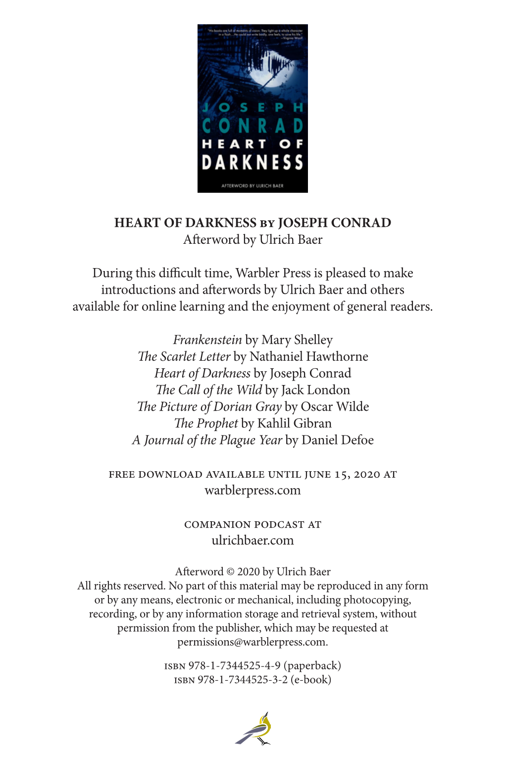 HEART of DARKNESS by JOSEPH CONRAD Afterword by Ulrich Baer