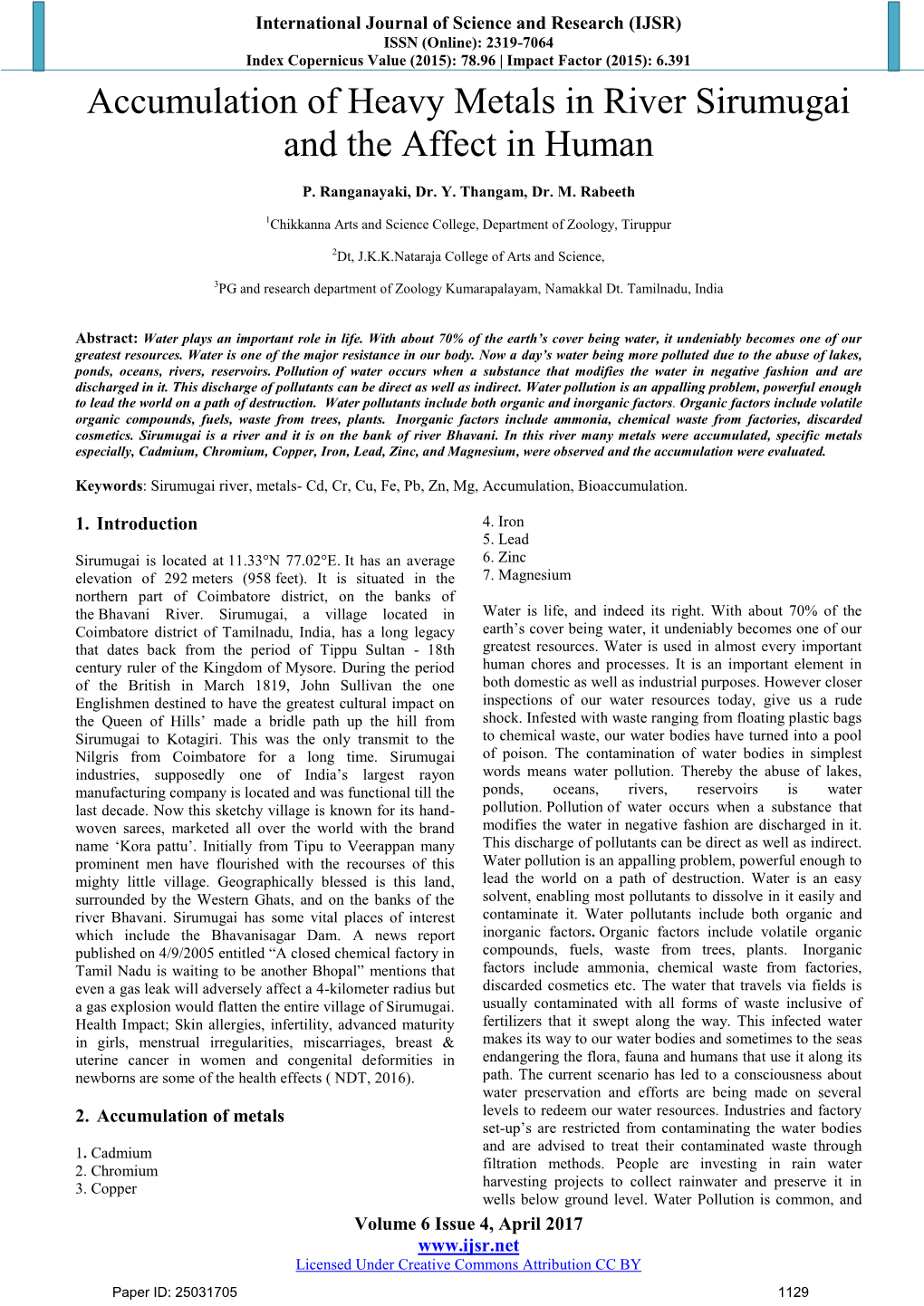 Accumulation of Heavy Metals in River Sirumugai and the Affect in Human