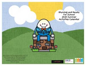 Rhyming and Ready for School 2020 Summer Activities Calendar
