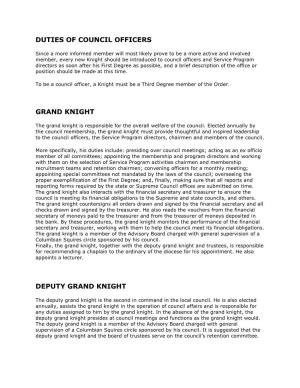 Duties of Council Officers Grand Knight Deputy Grand