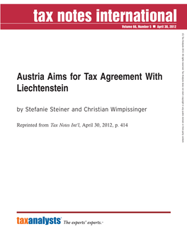 Austria Aims for Tax Agreement with Liechtenstein by Stefanie Steiner and Christian Wimpissinger
