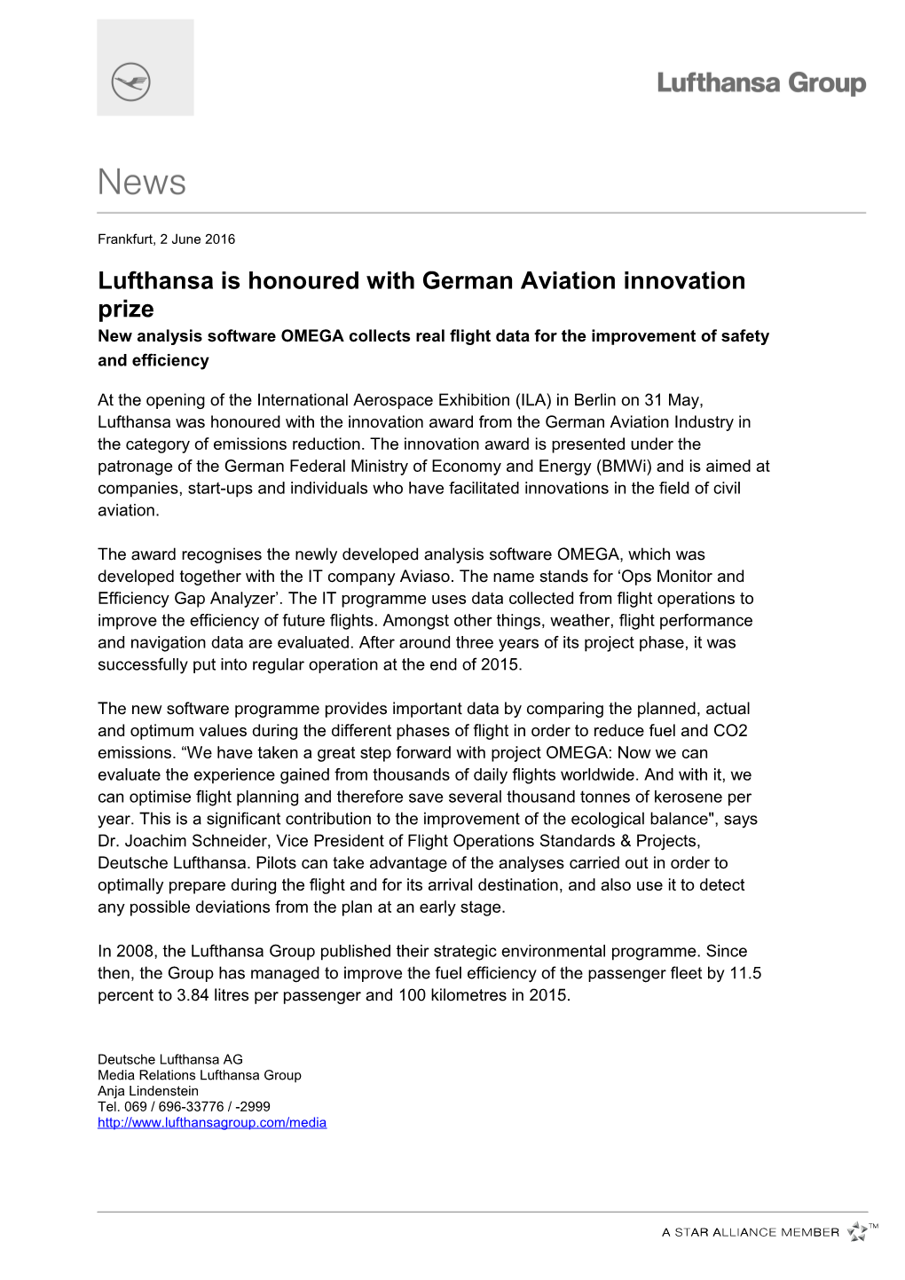 Lufthansa Is Honoured with German Aviation Innovation Prize