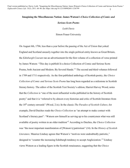 Imagining the Miscellaneous Nation: James Watson's Choice Collection of Comic and Serious Scots Poems." Eighteenth-Century Life